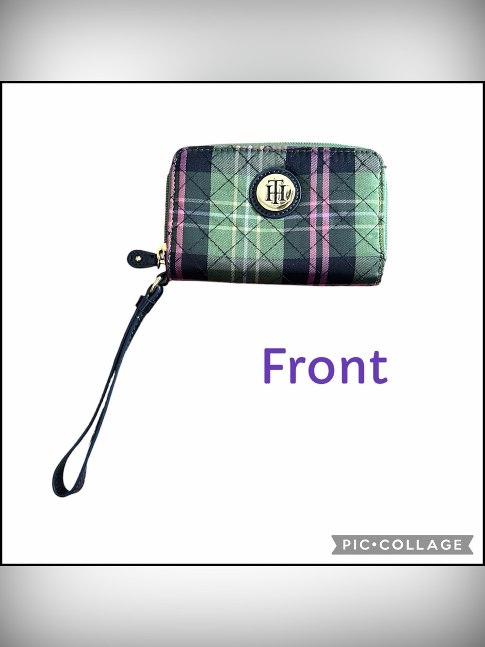Tommy Hilfiger Green Plaid Zip Wristlet with Navy Strap